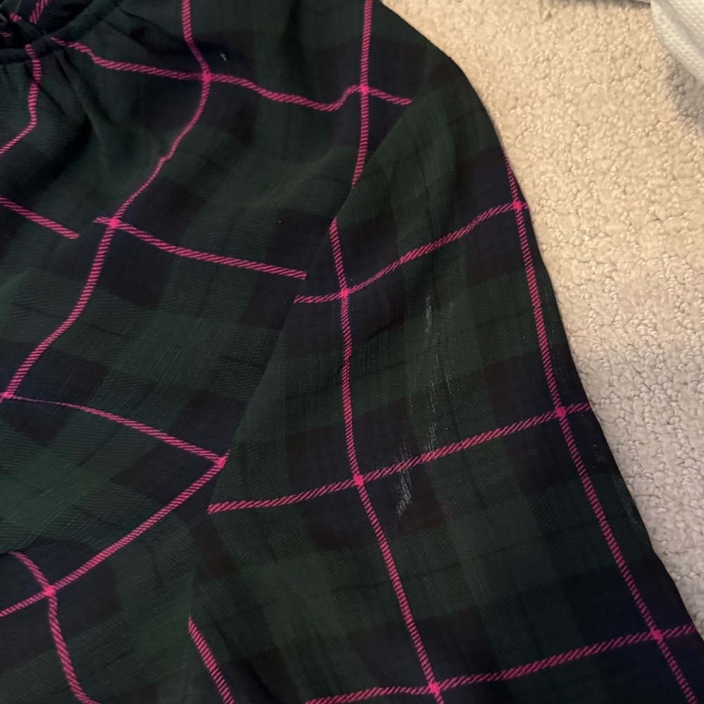 J. Crew Green Pink Navy Plaid Ruffle Tie Collar Puff Sleeve Midi Dress - Picture 9 of 10